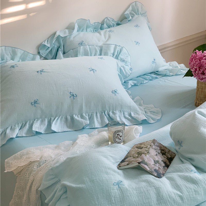 Double Layer Ribbon Tie White Ruffle Bedding Set