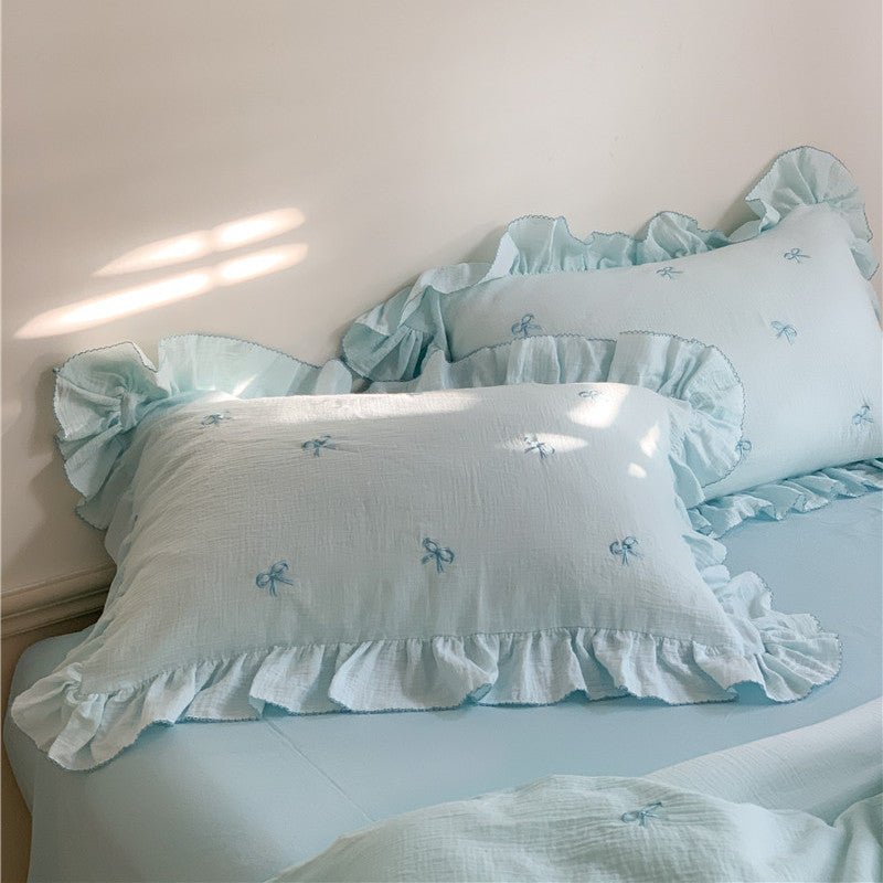 Double Layer Ribbon Tie White Ruffle Bedding Set