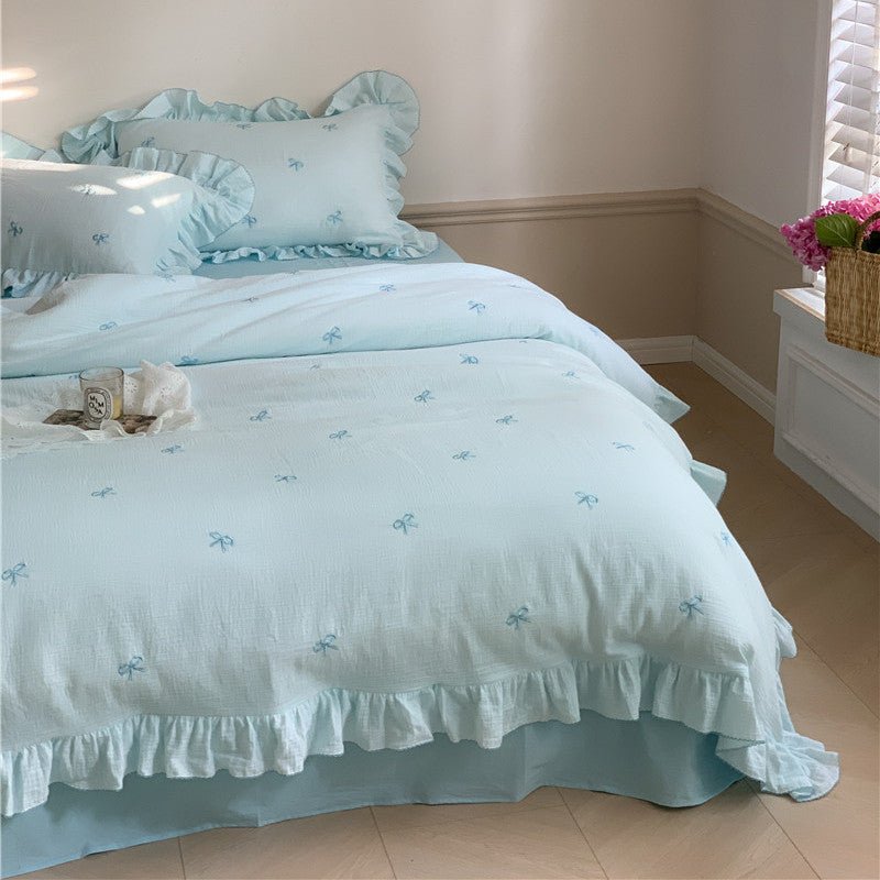 Double Layer Ribbon Tie White Ruffle Bedding Set