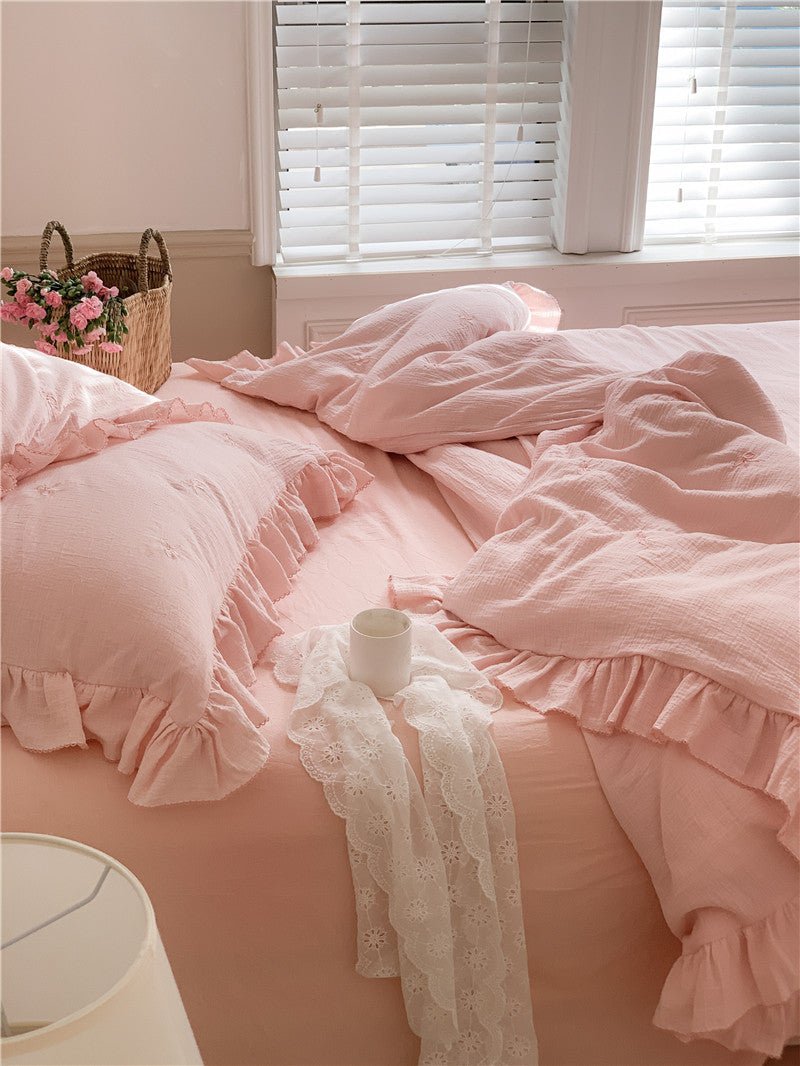 Double Layer Ribbon Tie White Ruffle Bedding Set