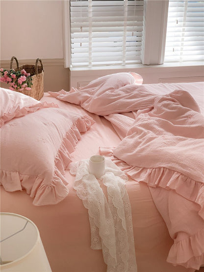 Double Layer Ribbon Tie White Ruffle Bedding Set