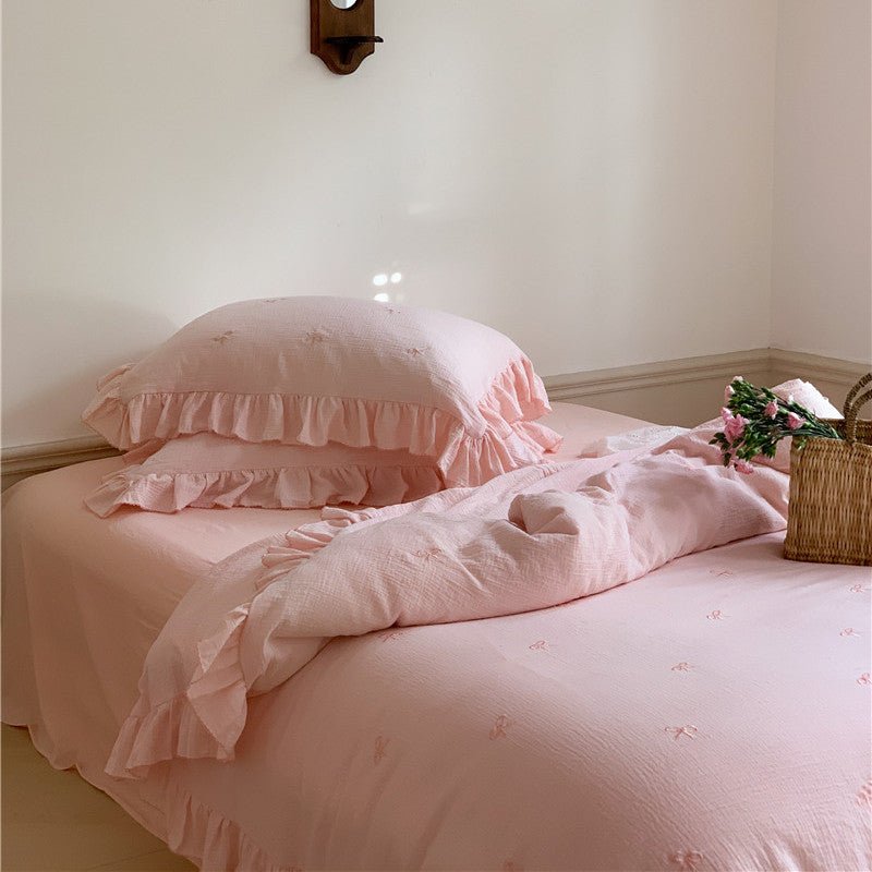 Double Layer Ribbon Tie White Ruffle Bedding Set