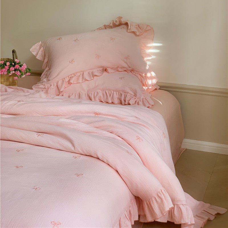 Double Layer Ribbon Tie White Ruffle Bedding Set