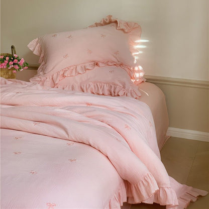Double Layer Ribbon Tie White Ruffle Bedding Set