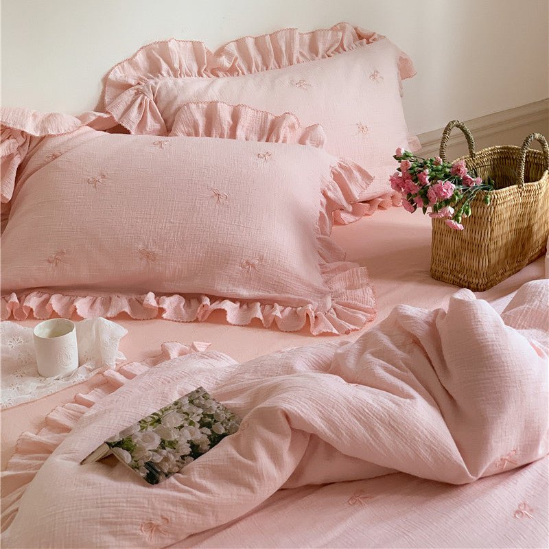 Double Layer Ribbon Tie White Ruffle Bedding Set