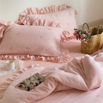 Double Layer Ribbon Tie White Ruffle Bedding Set
