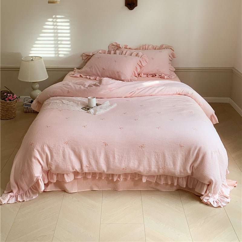 Double Layer Ribbon Tie White Ruffle Bedding Set