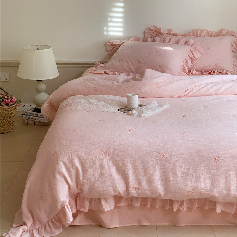 Double Layer Ribbon Tie White Ruffle Bedding Set
