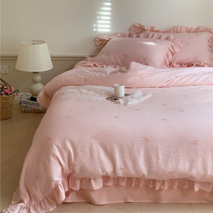 Double Layer Ribbon Tie White Ruffle Bedding Set