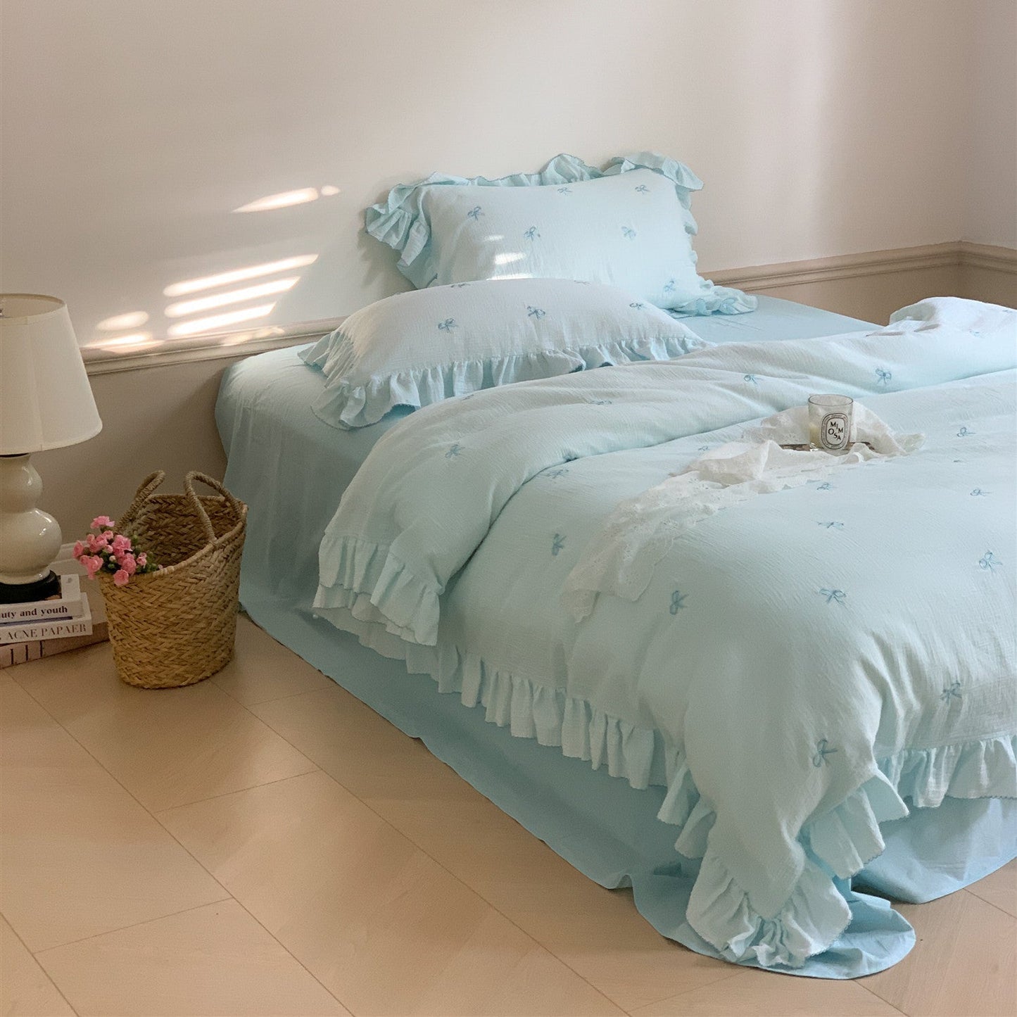 Double Layer Ribbon Tie White Ruffle Bedding Set