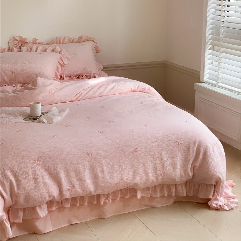 Double Layer Ribbon Tie White Ruffle Bedding Set