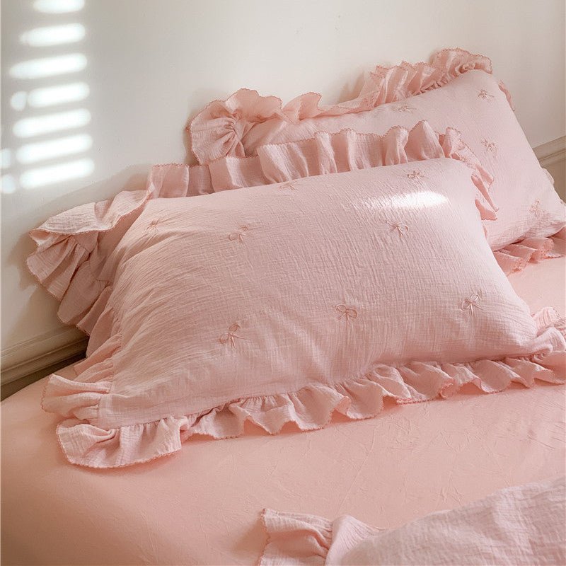 Double Layer Ribbon Tie White Ruffle Bedding Set