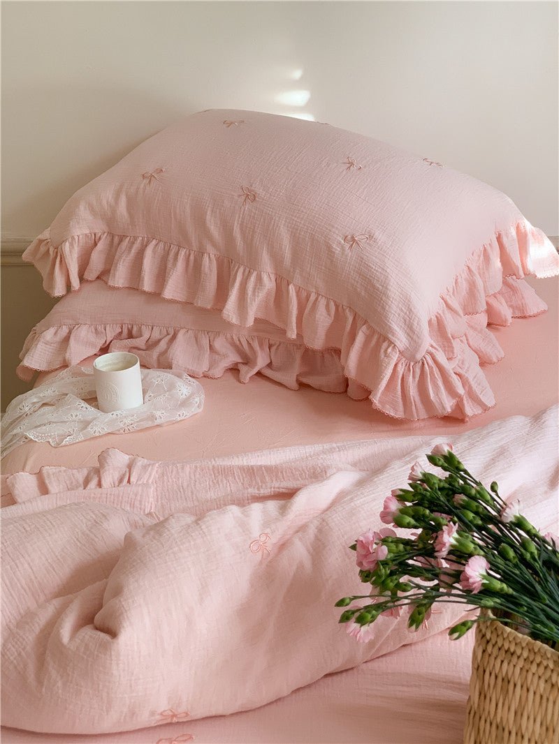 Double Layer Ribbon Tie White Ruffle Bedding Set