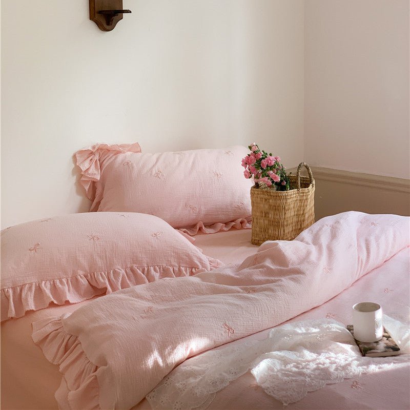 Double Layer Ribbon Tie White Ruffle Bedding Set