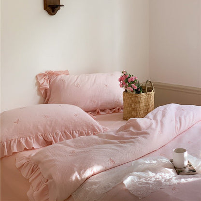 Double Layer Ribbon Tie White Ruffle Bedding Set