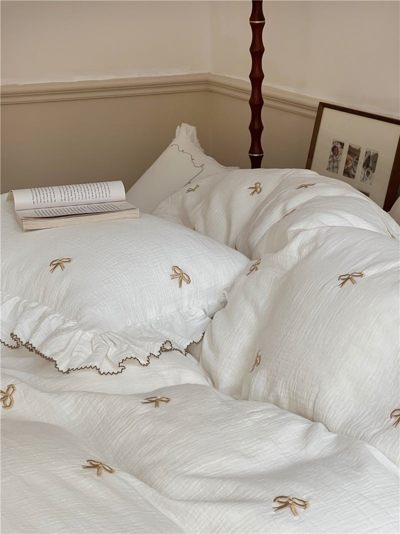 Double Layer Ribbon Tie White Ruffle Bedding Set