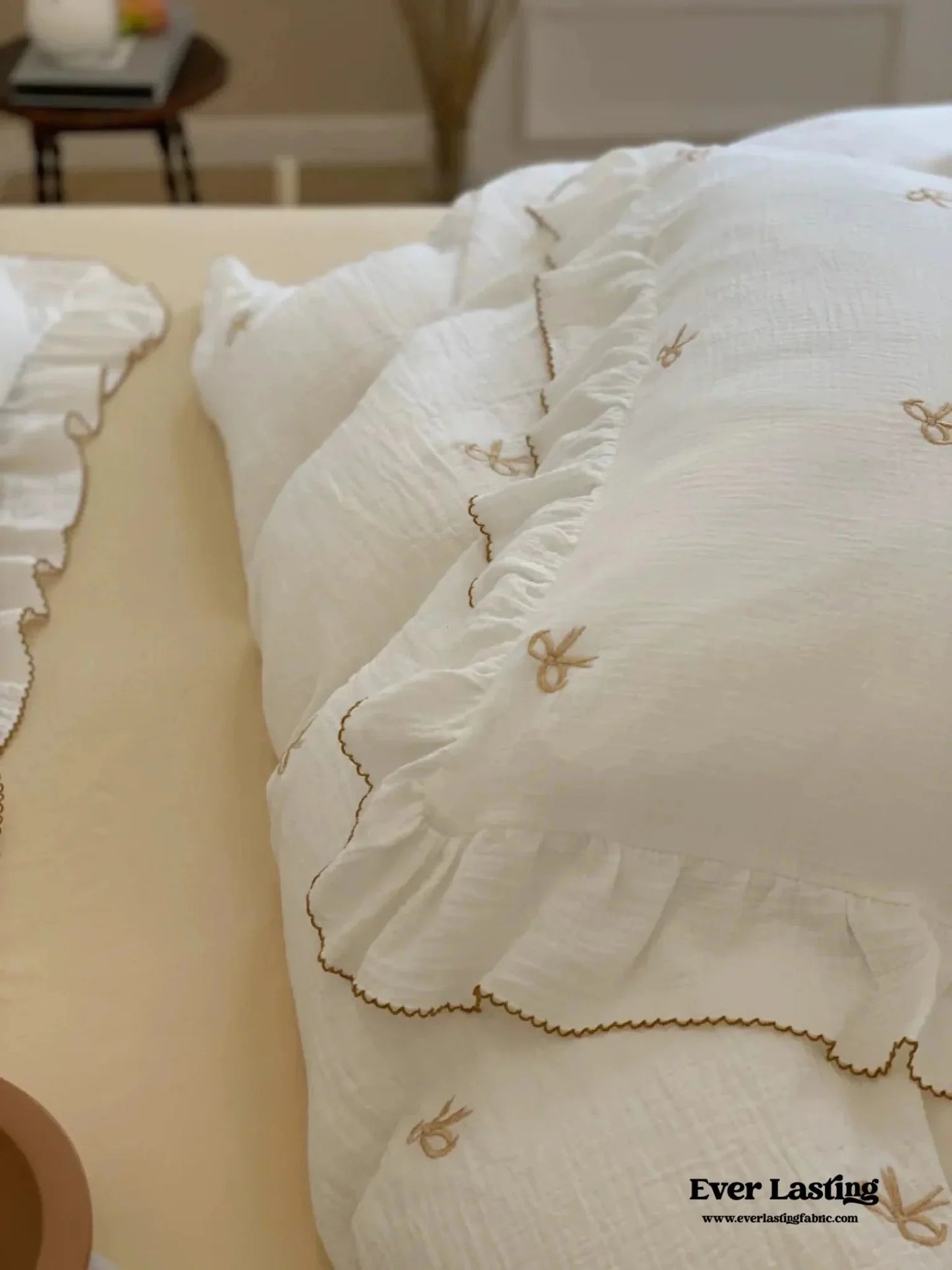 Double Layer Ribbon Tie White Ruffle Bedding Set