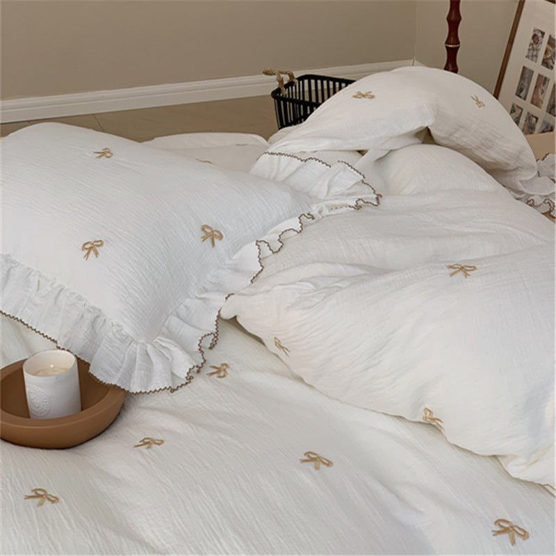 Double Layer Ribbon Tie White Ruffle Bedding Set