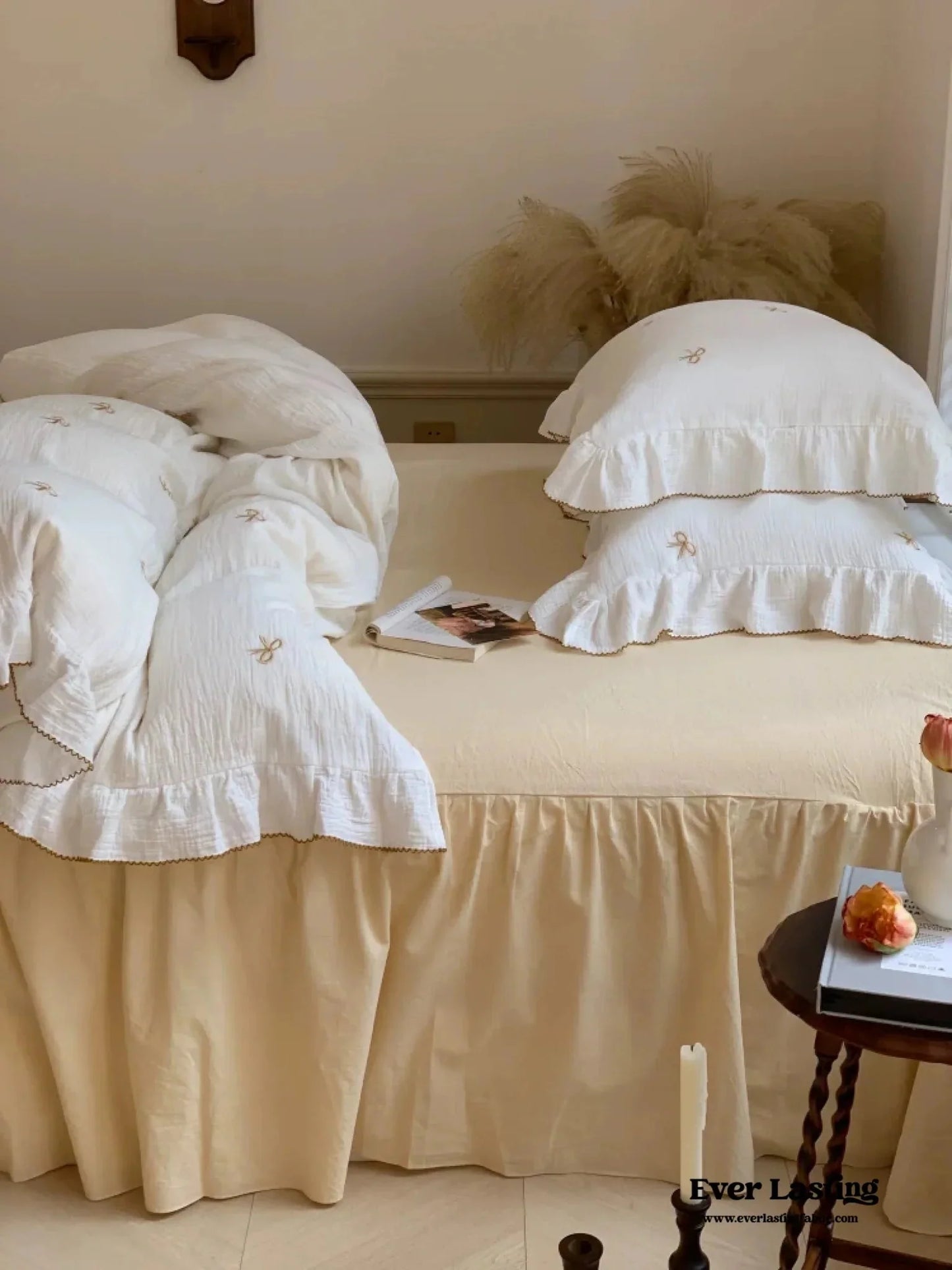 Double Layer Ribbon Tie White Ruffle Bedding Set