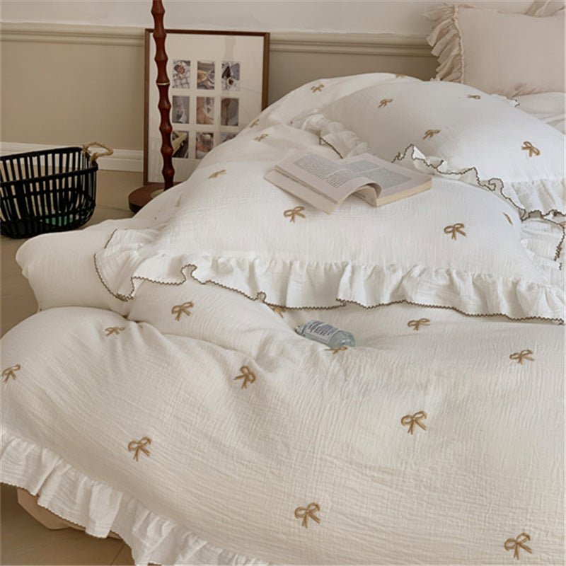 Double Layer Ribbon Tie White Ruffle Bedding Set