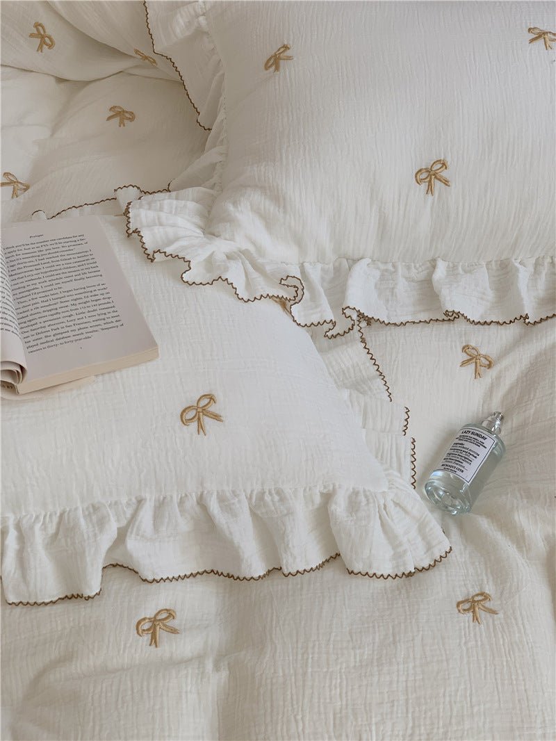 Double Layer Ribbon Tie White Ruffle Bedding Set