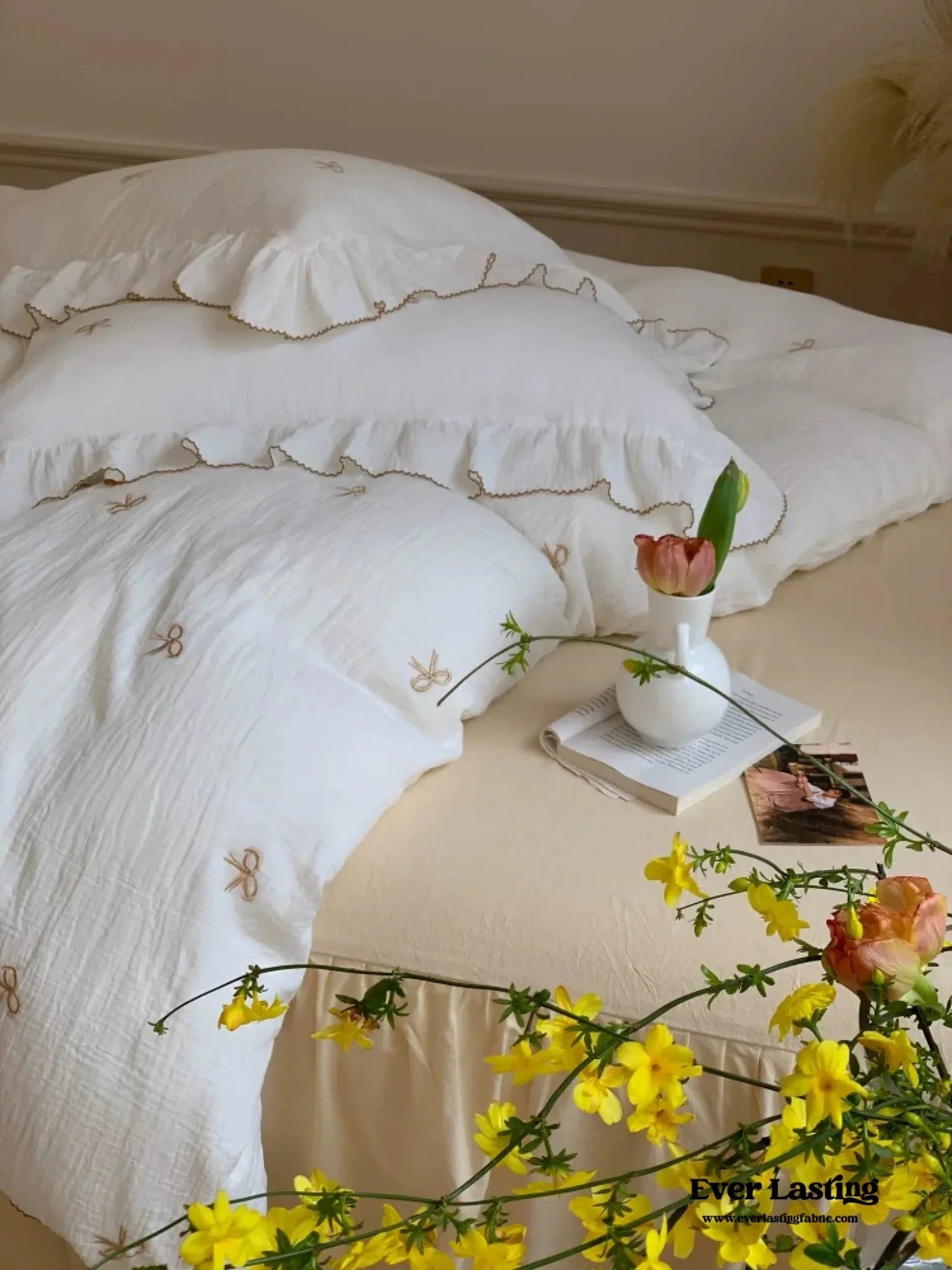 Double Layer Ribbon Tie White Ruffle Bedding Set