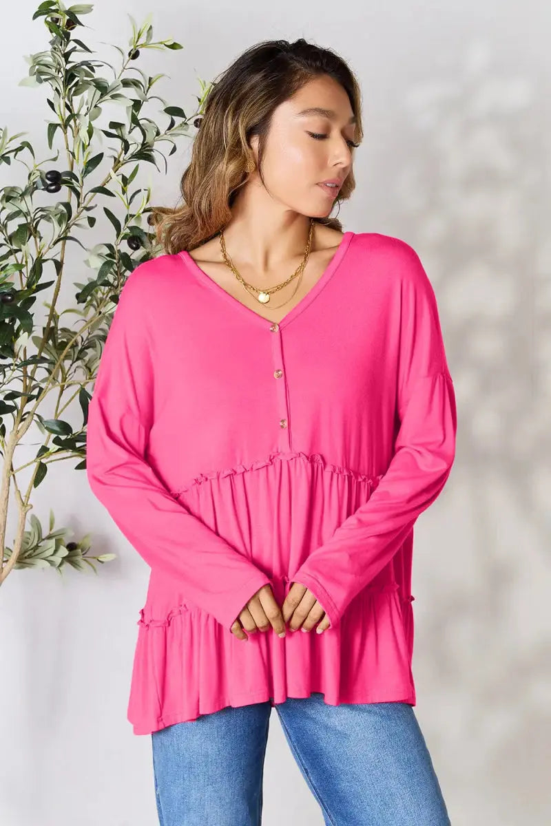 Women's Blouse Blouse - Ruffle Hem Half Button - Long Sleeve Top