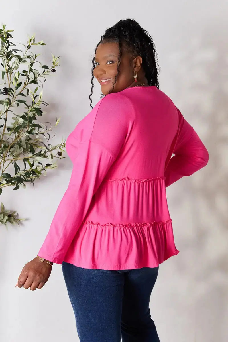 Women's Blouse Blouse - Ruffle Hem Half Button - Long Sleeve Top
