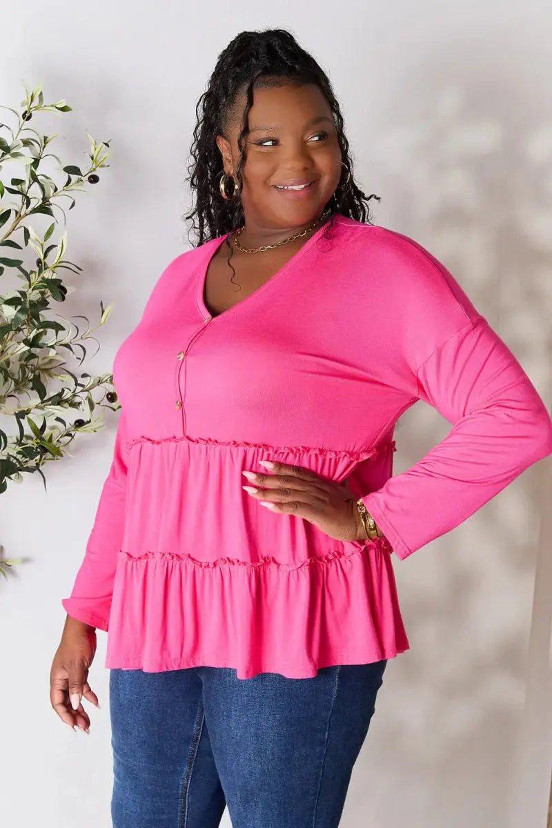 Women's Blouse Blouse - Ruffle Hem Half Button - Long Sleeve Top