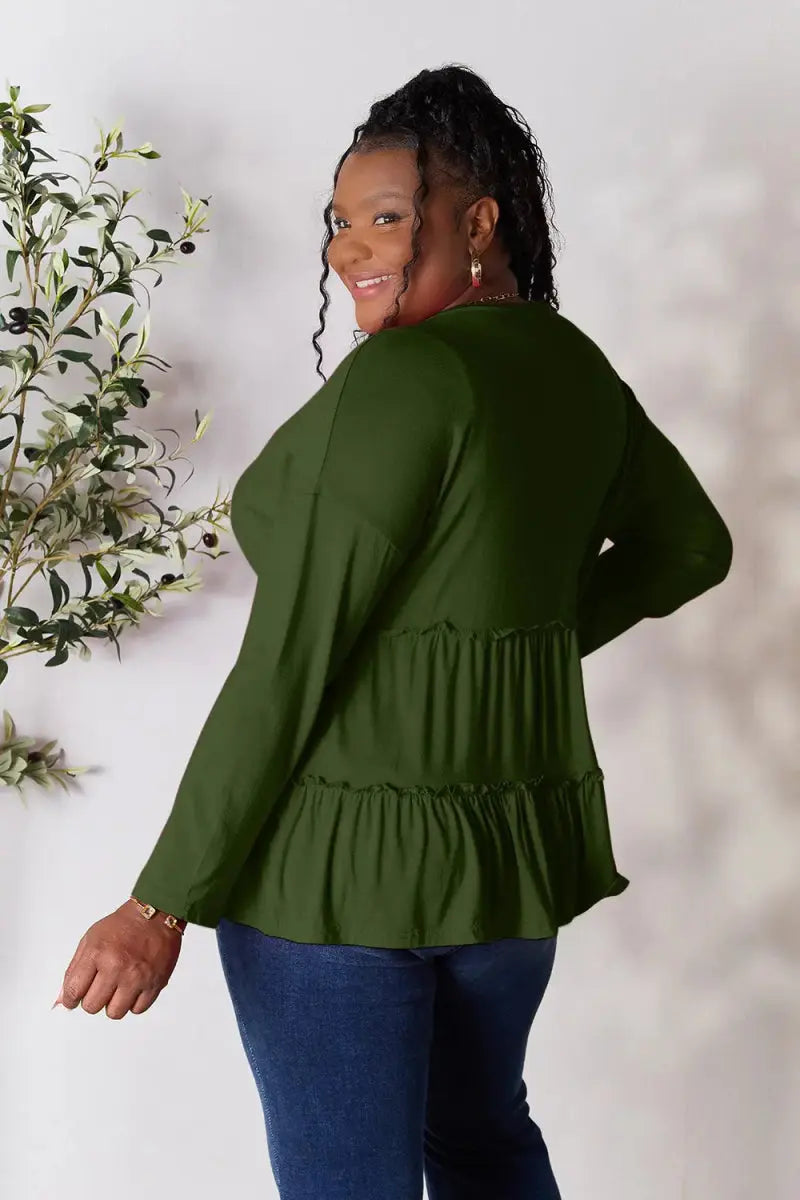 Women's Blouse Blouse - Ruffle Hem Half Button - Long Sleeve Top