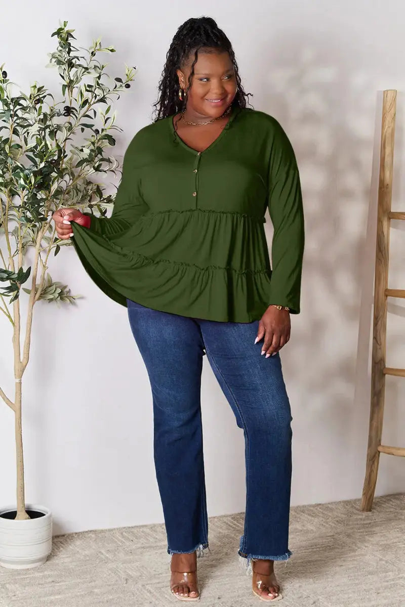 Women's Blouse Blouse - Ruffle Hem Half Button - Long Sleeve Top