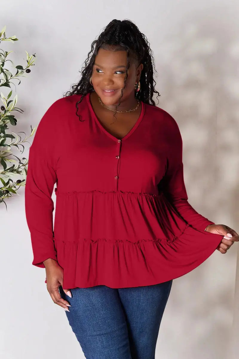 Women's Blouse Blouse - Ruffle Hem Half Button - Long Sleeve Top