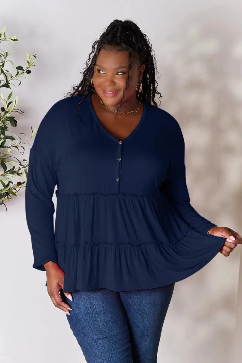Women's Blouse Blouse - Ruffle Hem Half Button - Long Sleeve Top