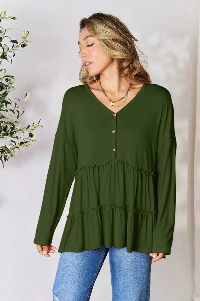 Women's Blouse Blouse - Ruffle Hem Half Button - Long Sleeve Top