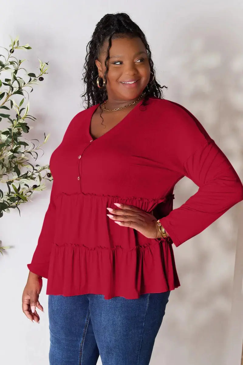 Women's Blouse Blouse - Ruffle Hem Half Button - Long Sleeve Top