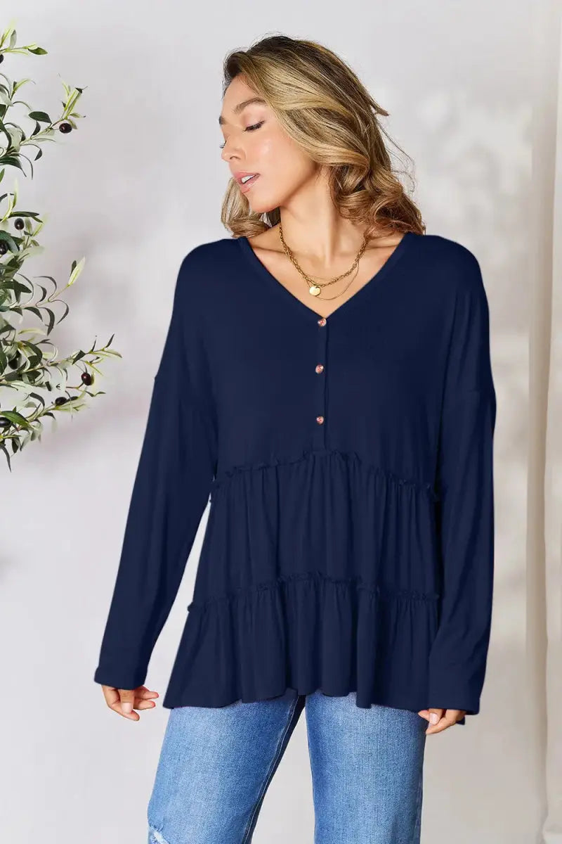 Women's Blouse Blouse - Ruffle Hem Half Button - Long Sleeve Top