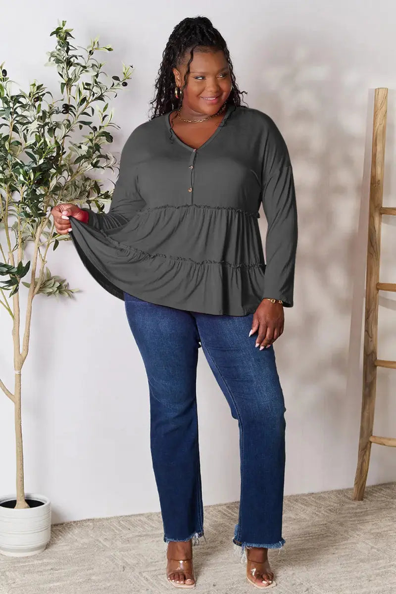 Women's Blouse Blouse - Ruffle Hem Half Button - Long Sleeve Top