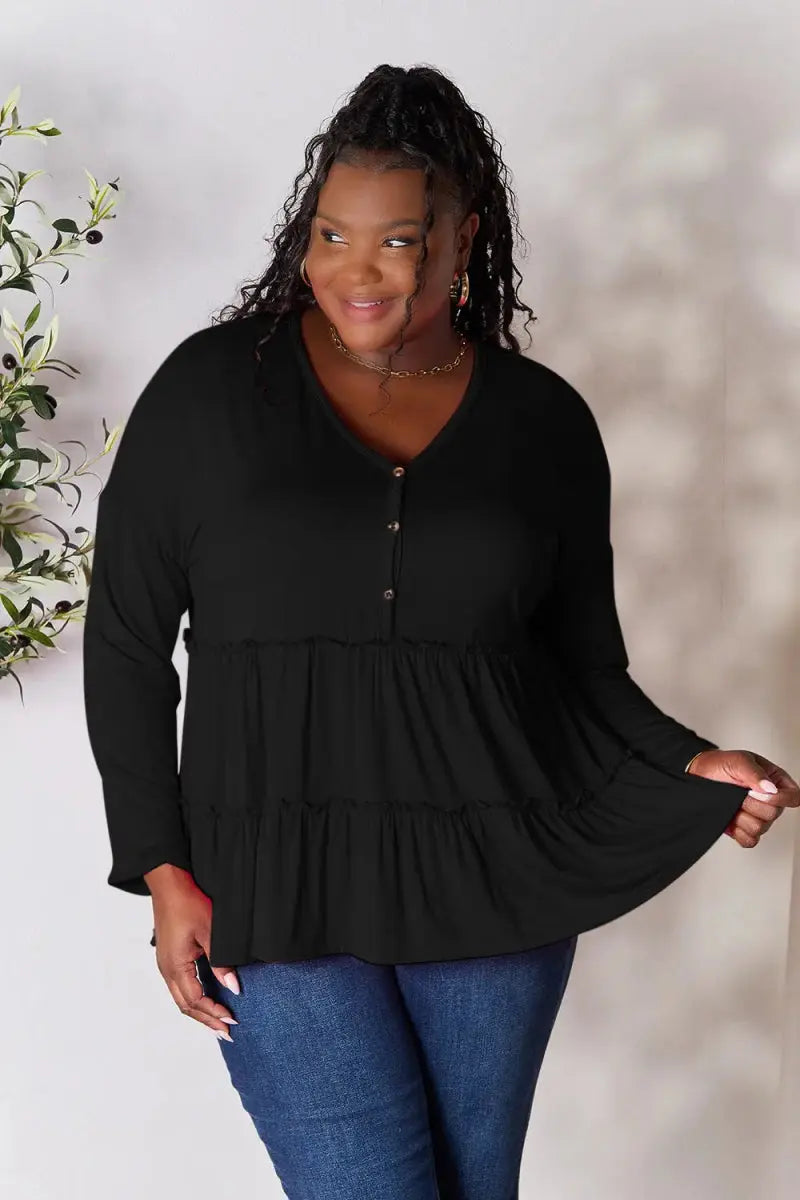 Women's Blouse Blouse - Ruffle Hem Half Button - Long Sleeve Top