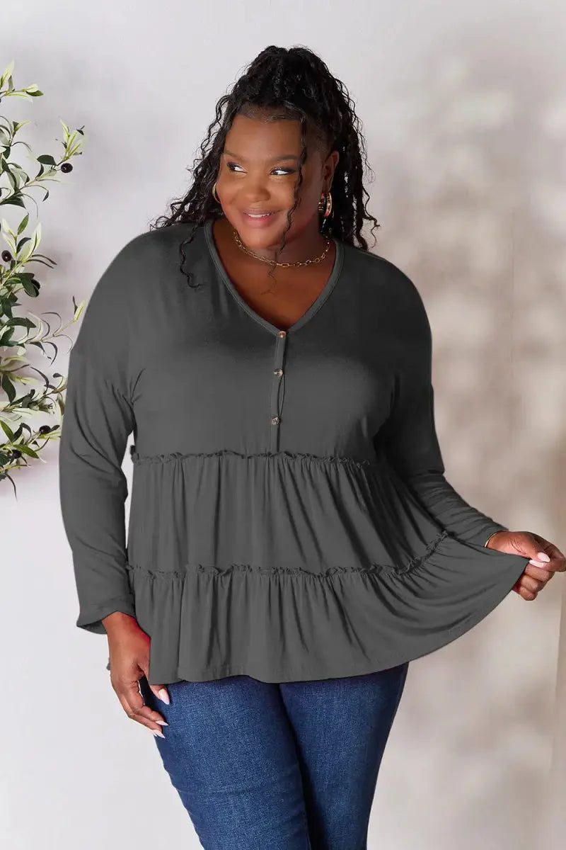 Women's Blouse Blouse - Ruffle Hem Half Button - Long Sleeve Top