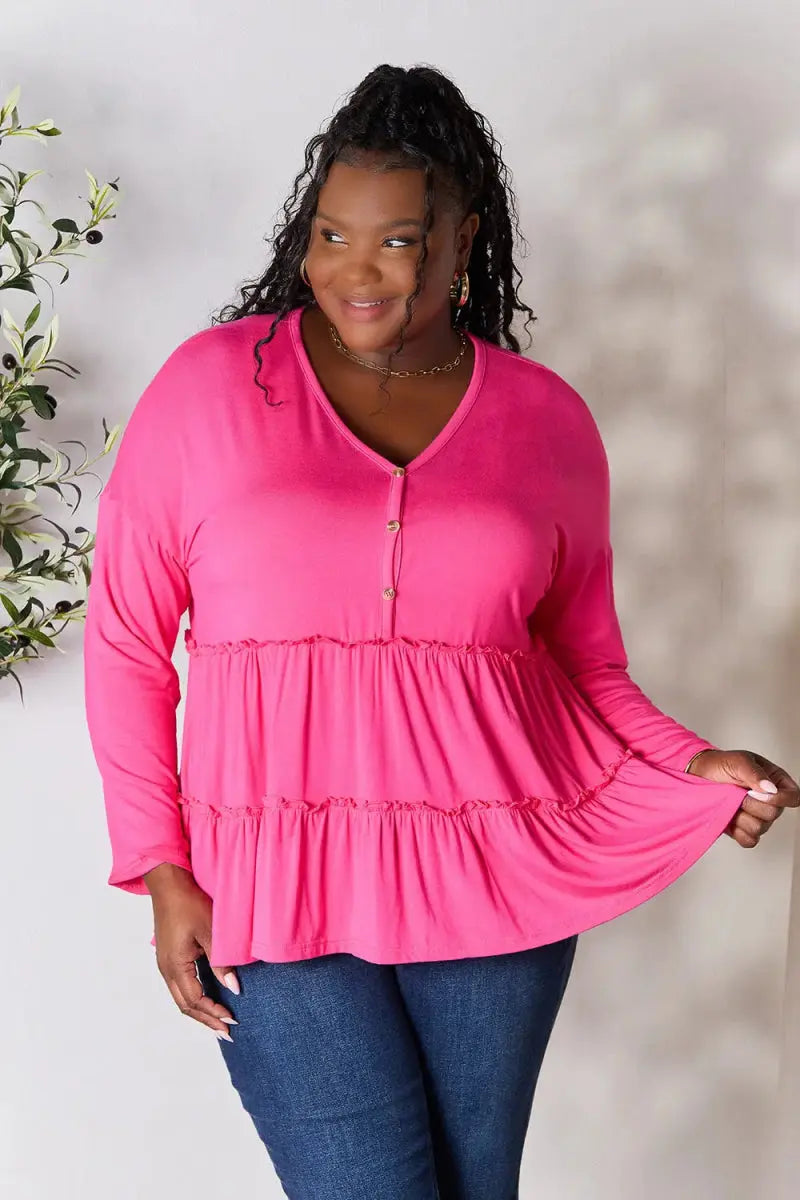 Women's Blouse Blouse - Ruffle Hem Half Button - Long Sleeve Top
