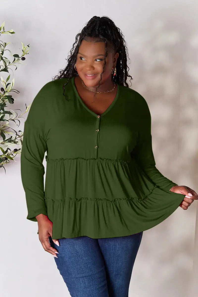 Women's Blouse Blouse - Ruffle Hem Half Button - Long Sleeve Top