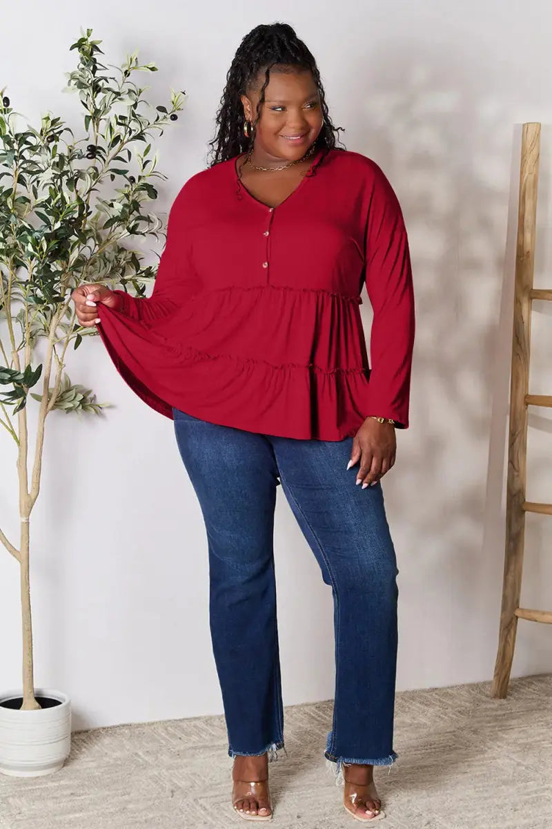 Women's Blouse Blouse - Ruffle Hem Half Button - Long Sleeve Top