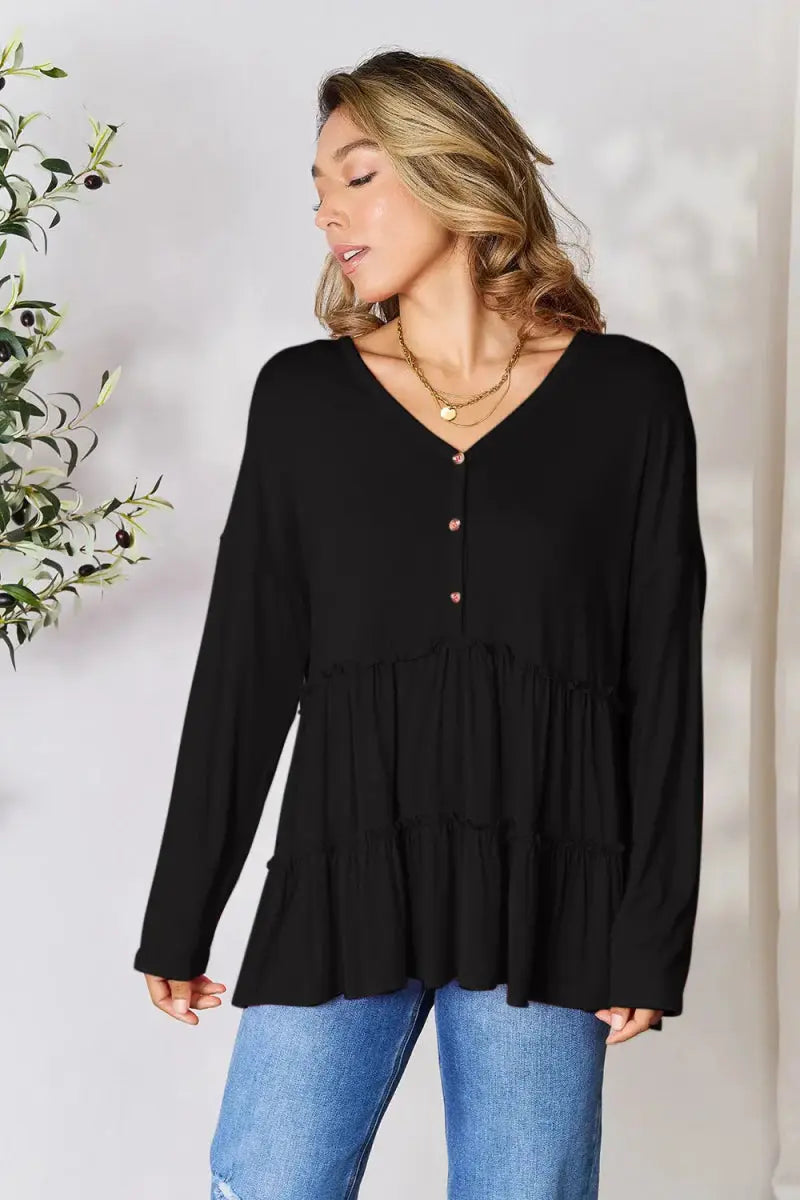 Women's Blouse Blouse - Ruffle Hem Half Button - Long Sleeve Top