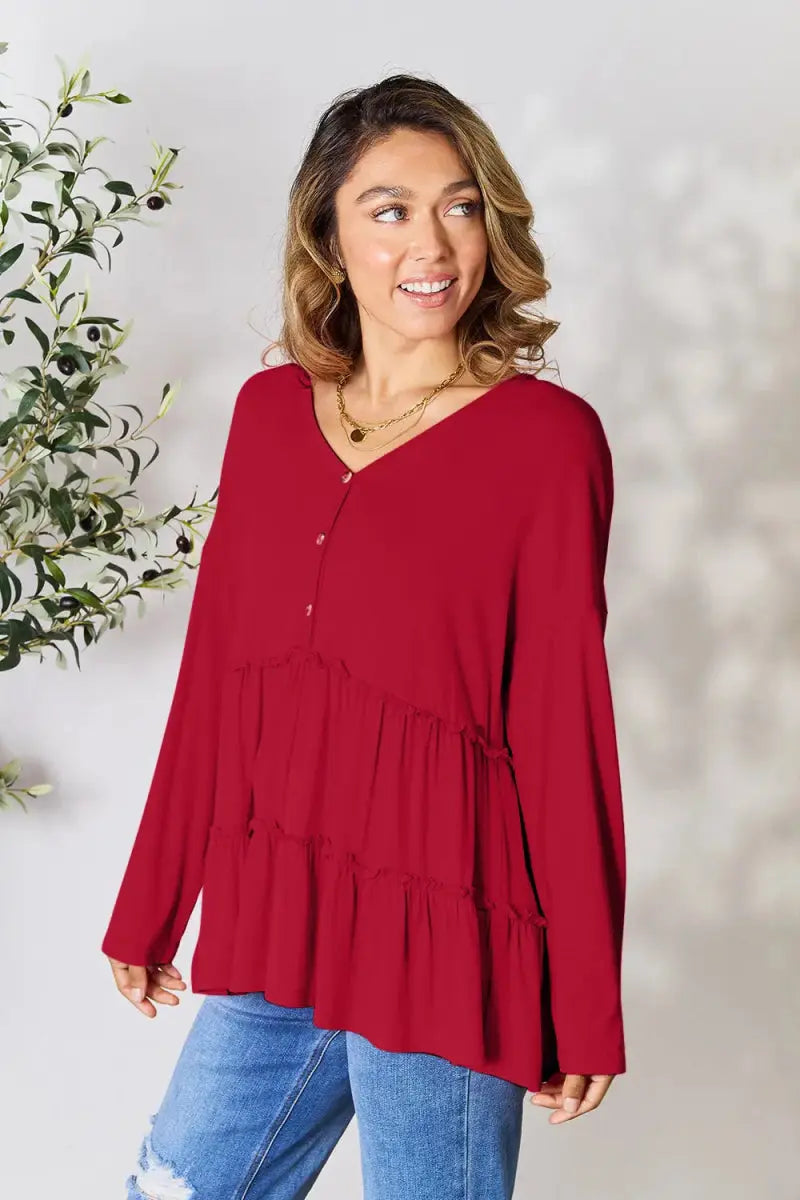 Women's Blouse Blouse - Ruffle Hem Half Button - Long Sleeve Top