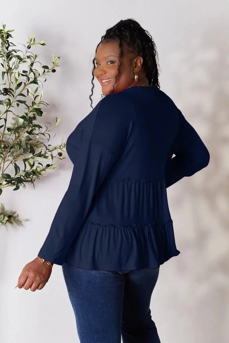 Women's Blouse Blouse - Ruffle Hem Half Button - Long Sleeve Top