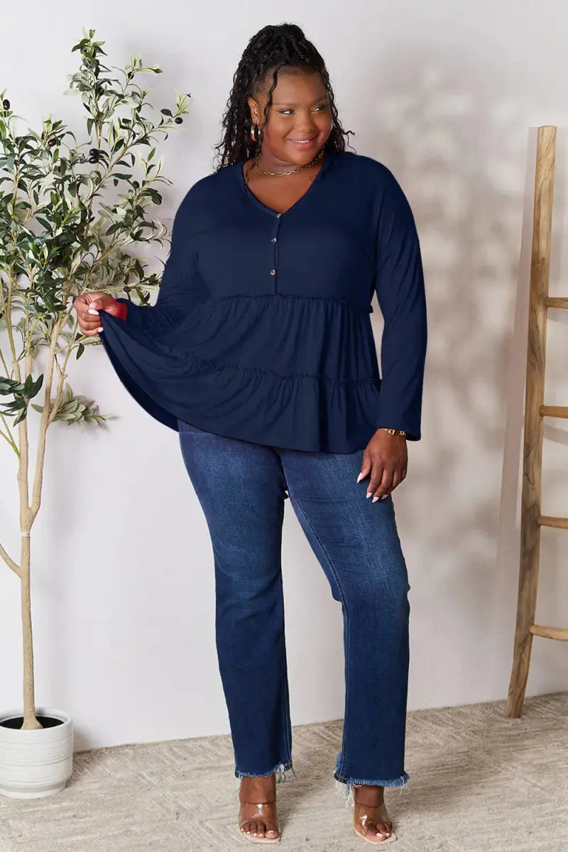 Women's Blouse Blouse - Ruffle Hem Half Button - Long Sleeve Top