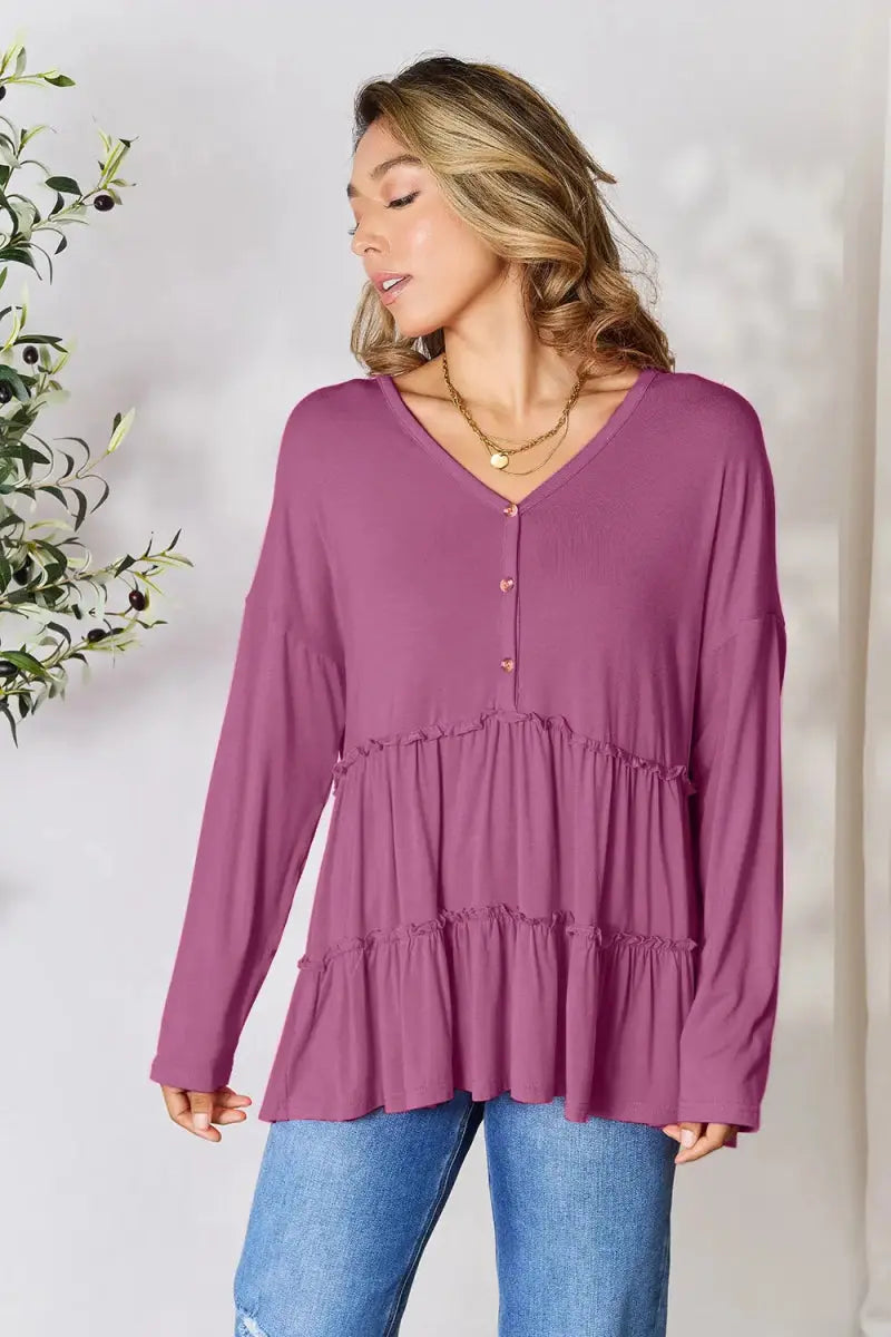 Women's Blouse Blouse - Ruffle Hem Half Button - Long Sleeve Top