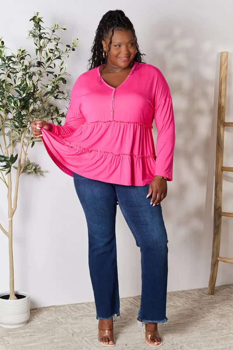 Women's Blouse Blouse - Ruffle Hem Half Button - Long Sleeve Top