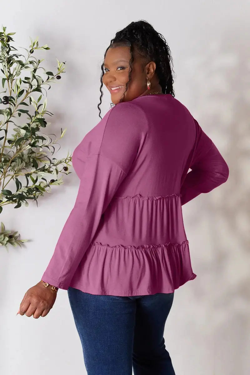 Women's Blouse Blouse - Ruffle Hem Half Button - Long Sleeve Top
