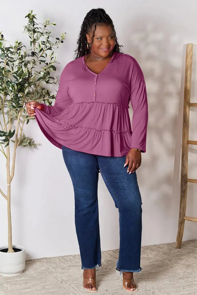 Women's Blouse Blouse - Ruffle Hem Half Button - Long Sleeve Top